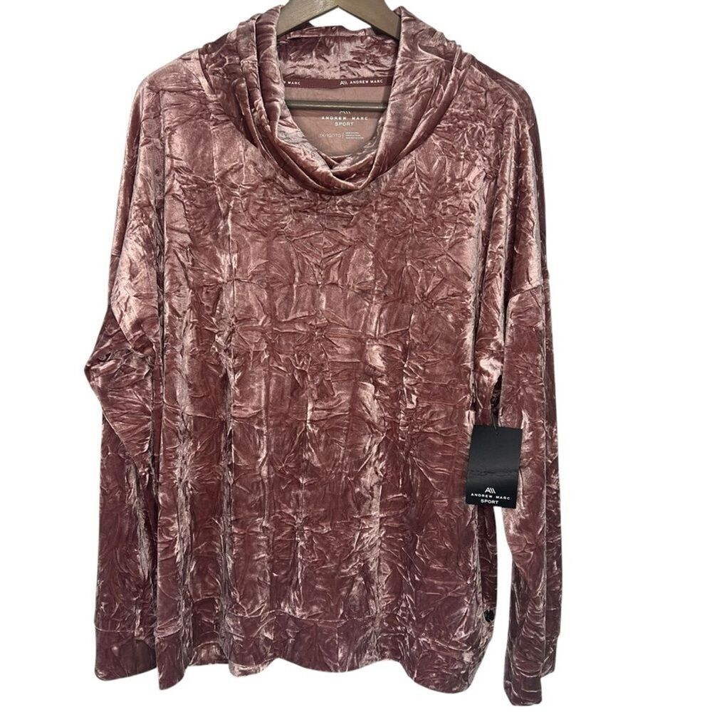 NWT Andrew Marc Crushed Velvet Top size 1X Pink Long Sleeve Cowl Neck Athleisure